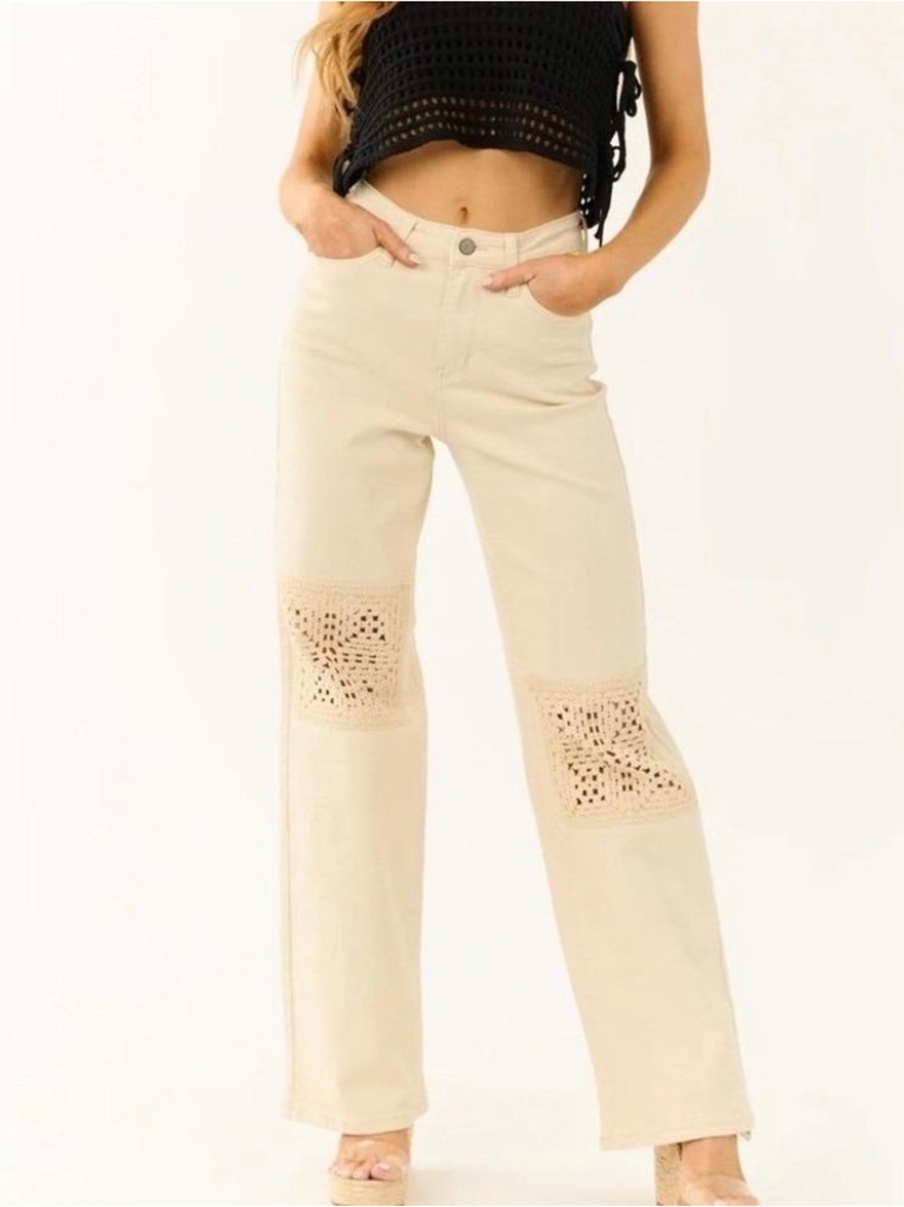 Judy Blue 9/29 Ecru Wide Leg High Rise Crochet Patch Raw Hem Casual Womens Jeans